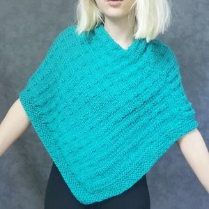 Chunky turquoise hand-knitted poncho